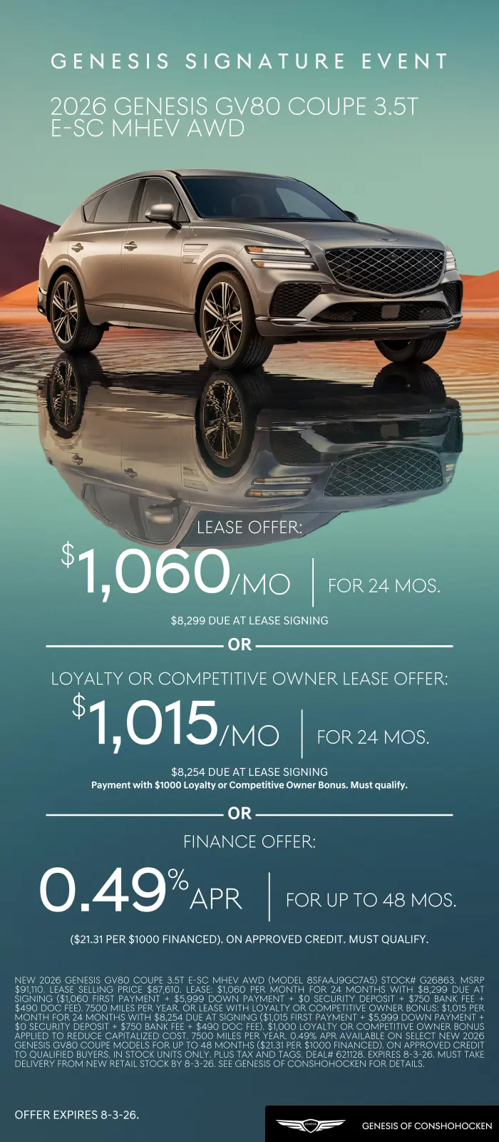 $1060/mo. leases a New 2026 Genesis GV80 Coupe! View Specials...