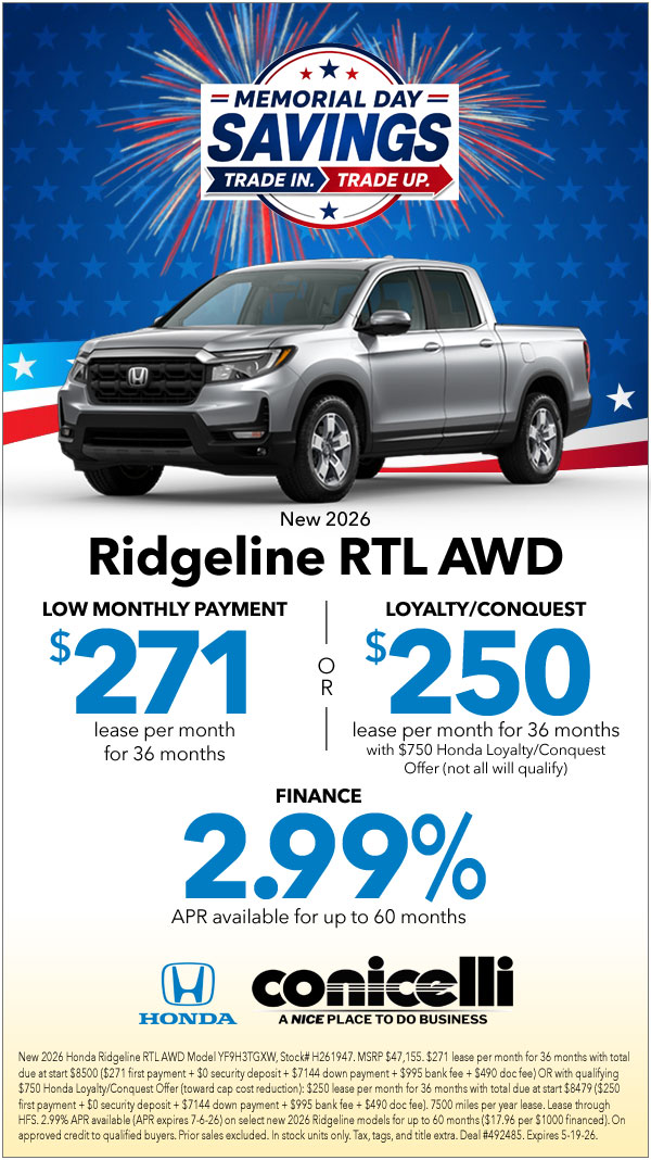 $271/mo. leases a New 2026 Ridgeline RTL AWD! Claim this Special...