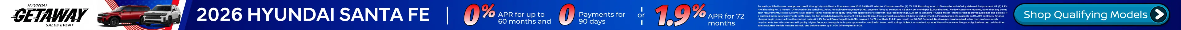 Conicelli Hyundai sales banner featuring 0% APR available on new 2026 Hyundai Santa Fe models plus 0 Payments for 90 Days for well qualified buyers.