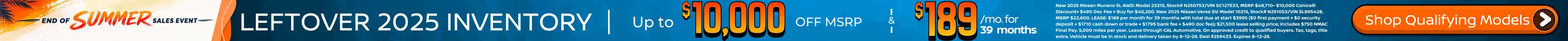 Conicelli Nissan sales banner featuring Up to $10,000 OFF MSRP and leases starting at $189/mo. on remaining new 2025 Nissan models.