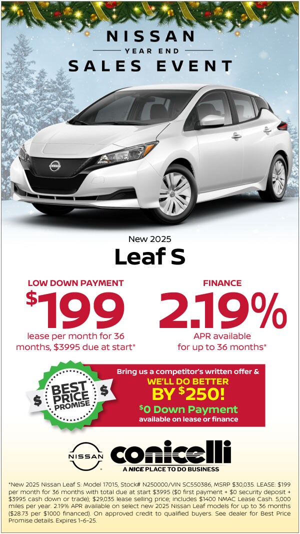 $199/mo. leases a New 2025 Leaf S during Nissan's Year-End Sales Event! Claim This Special...