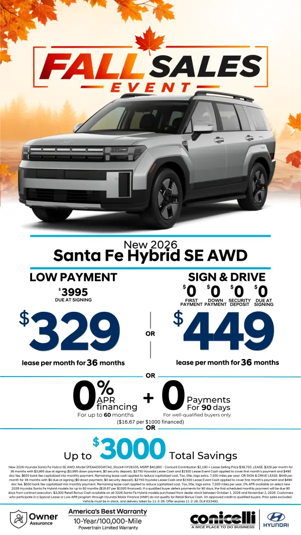 $329/mo. leases a New 2026 Hyundai Santa Fe Hybrid SE AWD! View Specials...