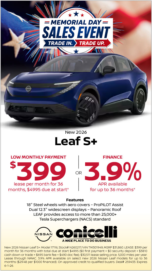 $399/mo. leases a New 2026 Leaf S+ at Conicelli Nissan!