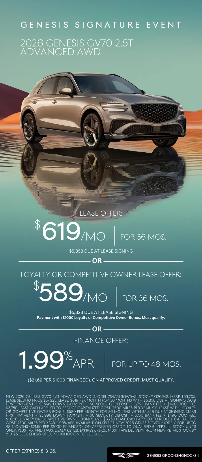 $619/mo. leases a New 2026 Genesis GV70! View Specials...