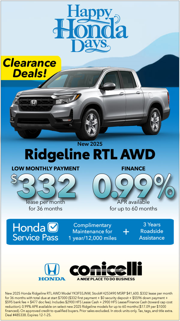 $332/mo. leases a New 2025 Ridgeline RTL AWD! Claim this Special...