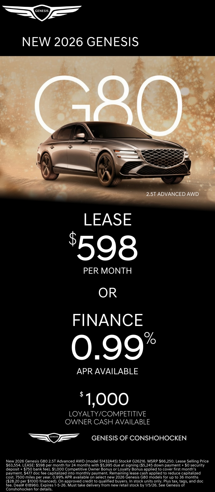 $598/mo. leases a New 2026 Genesis G80! View Specials...