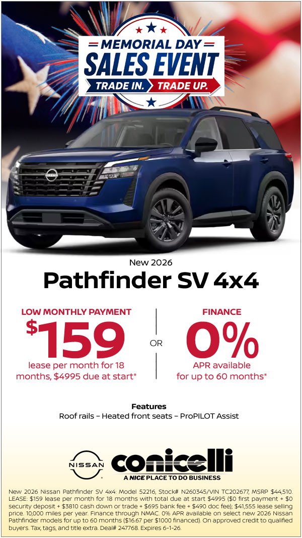 $159/mo. leases a New 2026 Pathfinder SV 4x4 at Conicelli Nissan! Claim this Special...