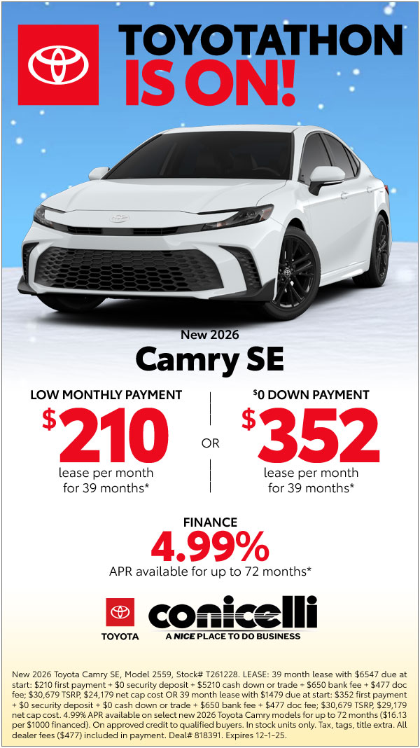 $210/mo. leases a New 2026 Camry SE! View Specials...