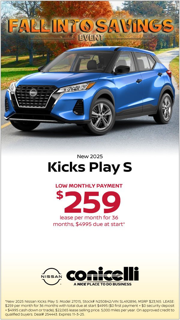 $259/mo. leases a New 2025 Nissan Kicks Play S! Claim this Special...