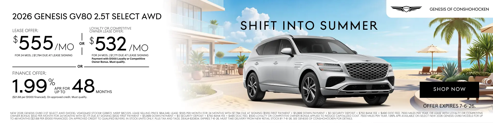 $555/mo. leases a New 2026 Genesis GV80 2.5T Select AWD at Genesis of Conshohocken. View All Special…