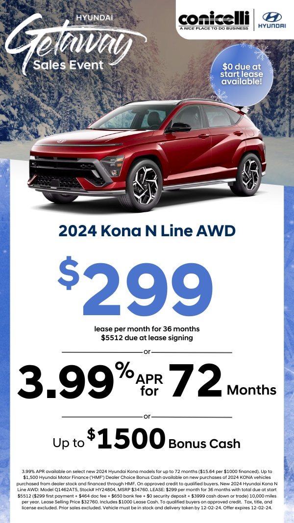 Lease a new 2024 Kona N Line AWD for only $299 per month! Claim this Special...