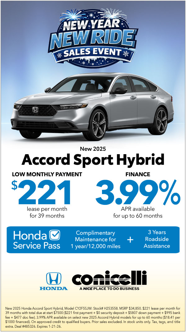 $221/mo. leases a New 2025 Accord Sport Hybrid at Conicelli Honda! Claim this Special...
