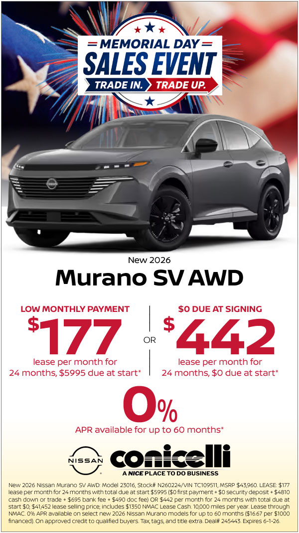 $177/mo. (OR $442/mo. with $0 due at signing) leases a New 2026 Nissan Murano SV AWD! Claim this Special...
