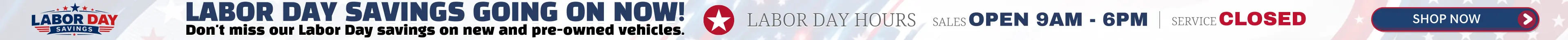 Labor Day Savings Going On Now at Conicelli — savings on new and pre-owned vehicles. Sales open 9 AM–6 PM; service closed. Shop Now.