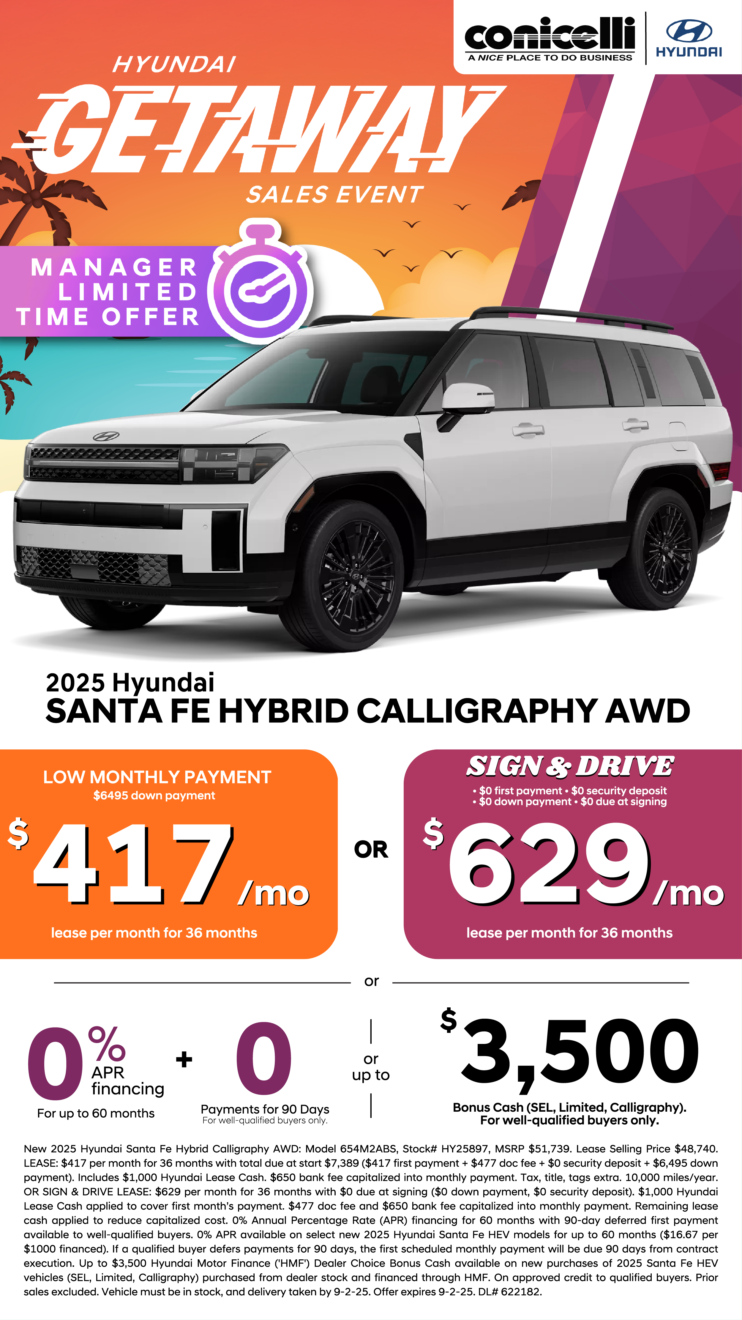 Lease a new 2025 Santa Fe Calligraphy Hybrid AWD for just $417/mo. or Sign & Drive for $629/mo. Claim this Special...