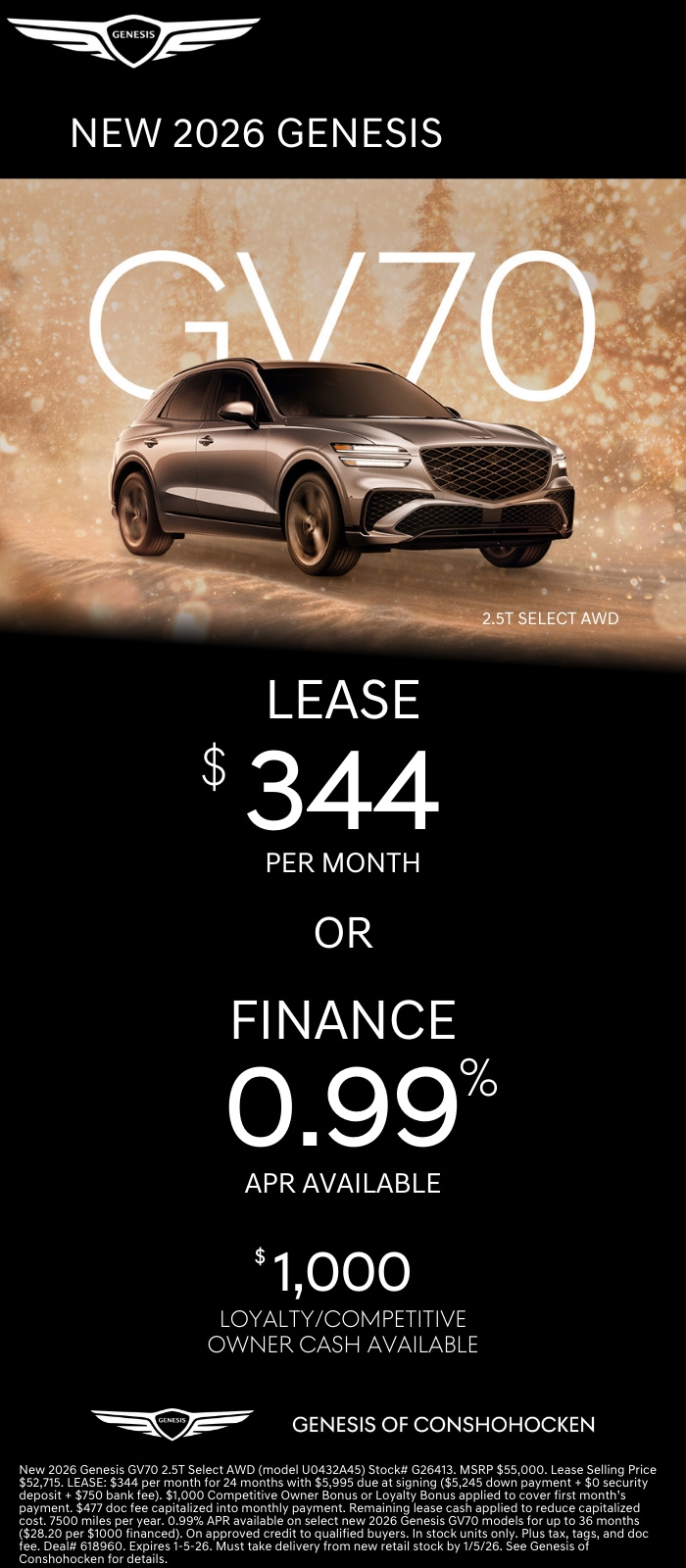 $344/mo. leases a New 2026 Genesis GV70! View Specials...