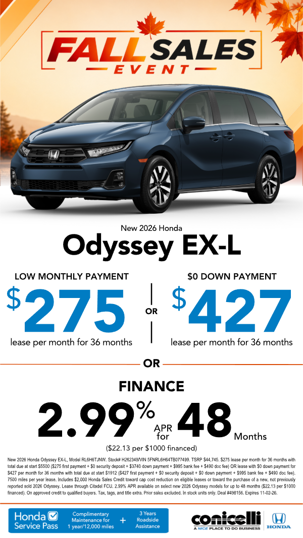 $275/mo. leases a New 2026 Odyssey EX-L! or $427/mo. with $0 down. Claim this Special...