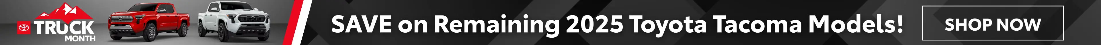 Graphic advertising the Toyota Truck Month at Conicelli Toyota in Springfield, featuring a subheading to Save on Remaining 2025 Toyota Tacoma models and a call to action to shop now.