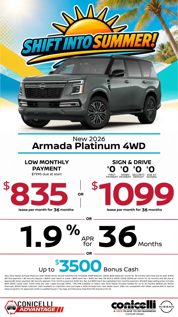 $835/mo. (OR $1099/mo. with $0 due at signing) leases a New 2026 Armada Platinum 4x4! Claim This Special...