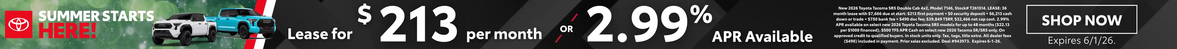 Conicelli Toyota Truck Month sales banner featuring Toyota trucks with lease offer of $213 per month or 2.99% APR financing, valid through June 1st, 2026.