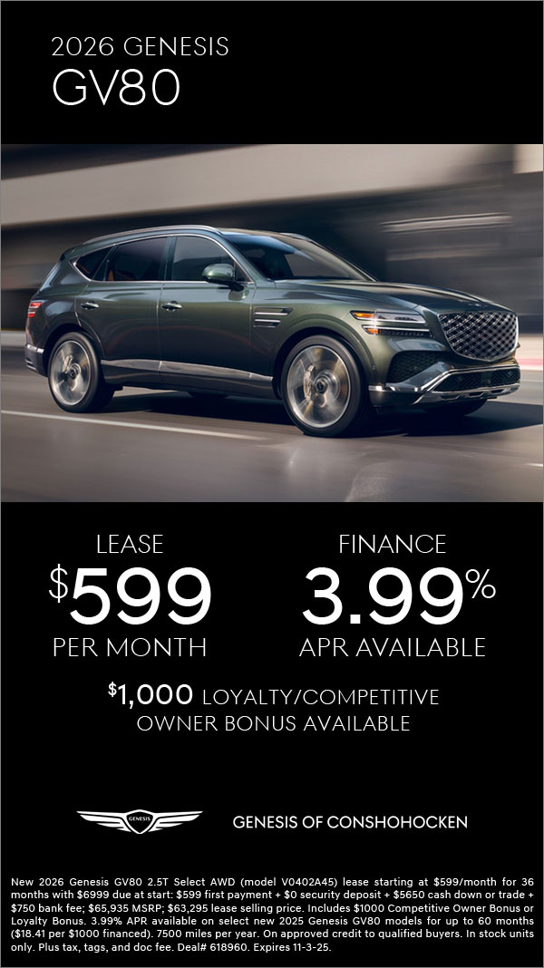 $599/mo. leases a New 2026 Genesis GV80! View Specials...