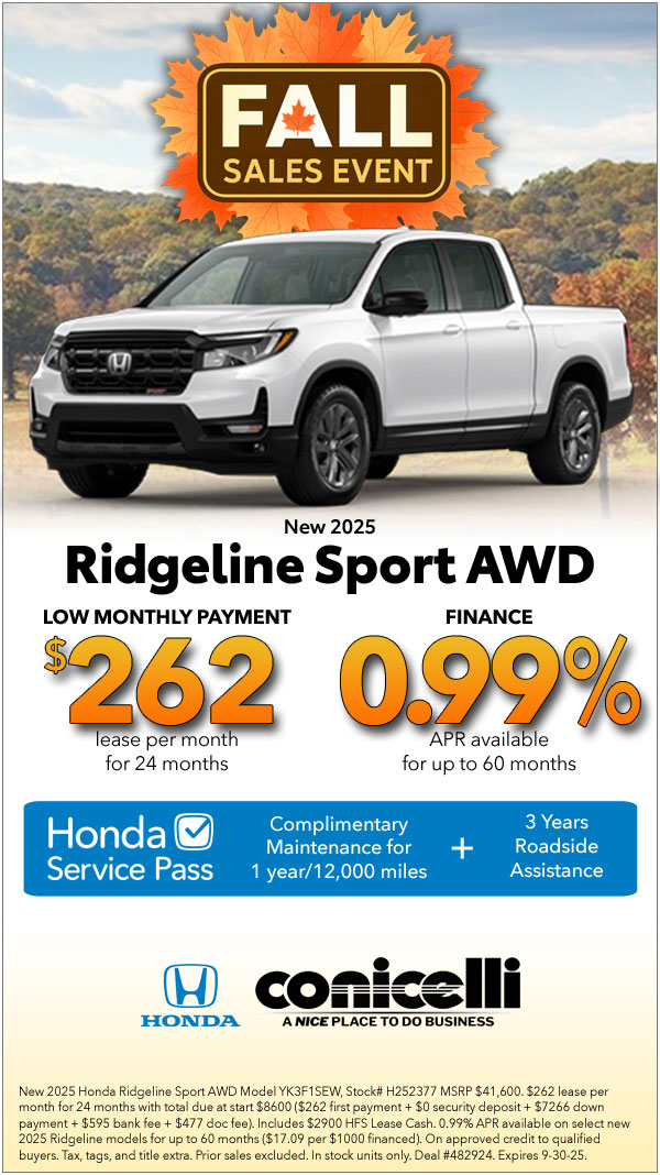 $262/mo. leases a New 2025 Ridgeline Sport AWD! Claim this Special...