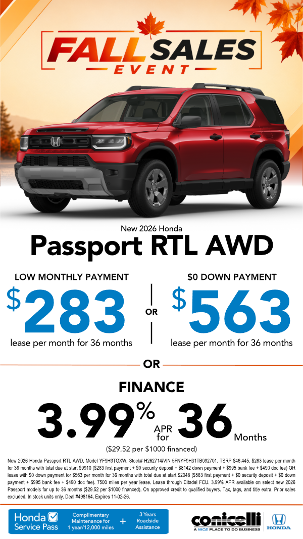 $283/mo. leases a New 2026 Passport RTL AWD! or $563/mo. with $0 down. Claim this Special...