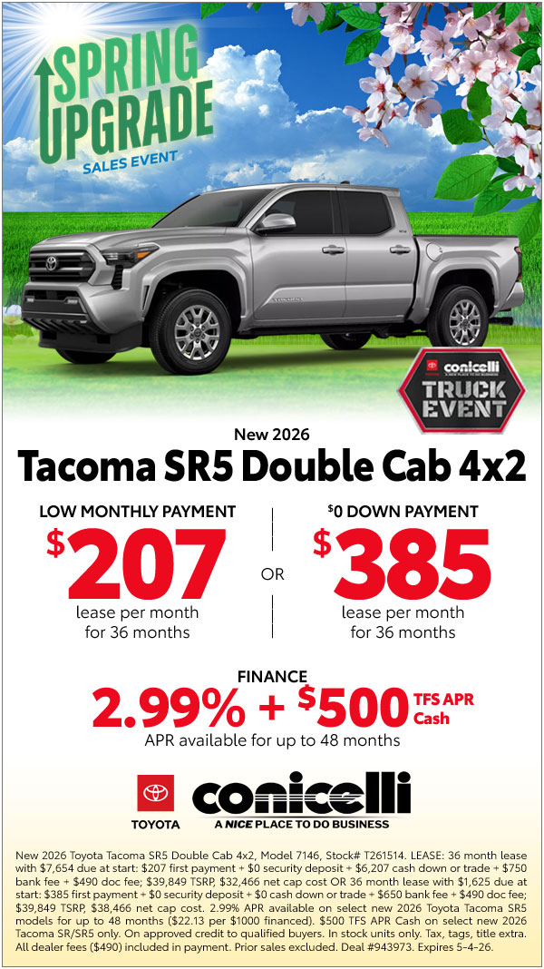 $207/mo. leases a New 2026 Tacoma SR5 Double Cab 4x2! Claim this Special...