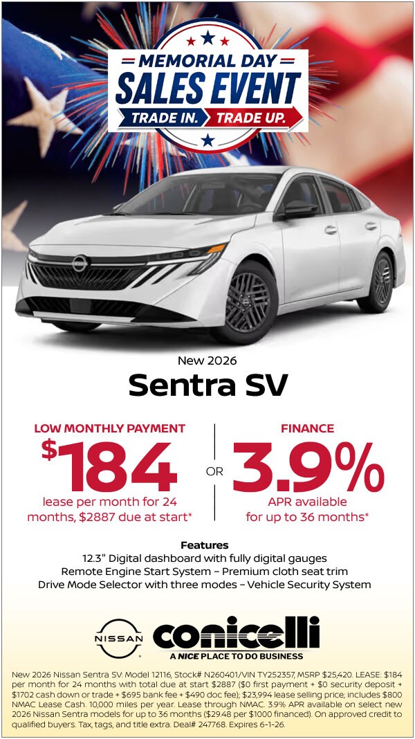 $184/mo. leases a New 2026 Sentra SV at Conicelli Nissan! Claim this Special...