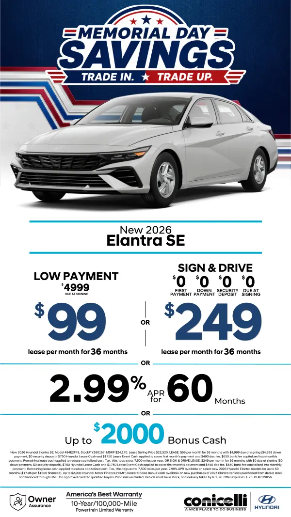 Lease a new 2026 Elantra SE for just $99/mo or Sign & Drive for just $249/mo. Claim this Special...