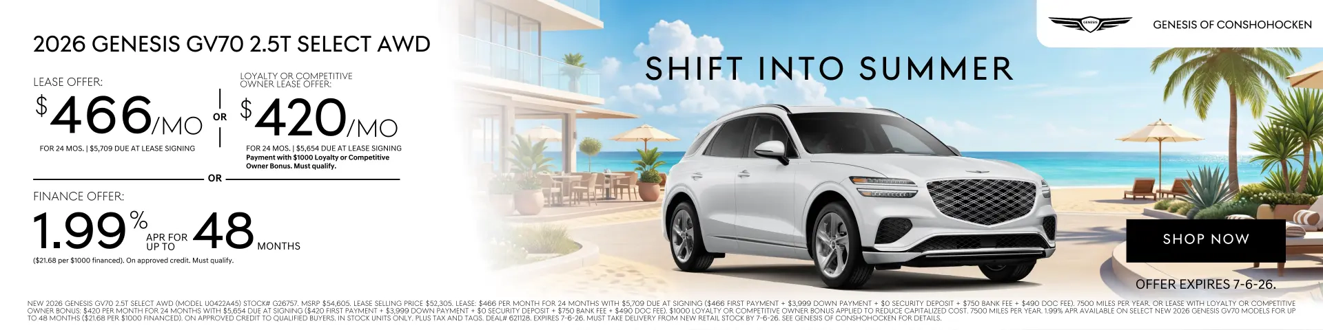 $466/mo. leases a New 2026 Genesis GV70 at Genesis of Conshohocken. View All Specials...