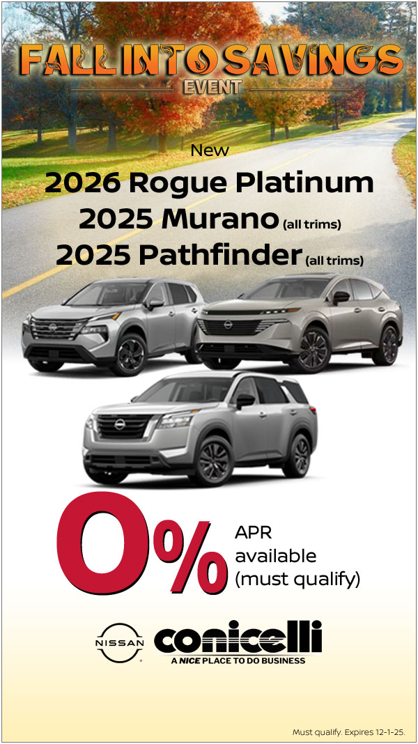 0% APR available on New 2026 Rogue Platinum and 2025 Murano and Pathfinder