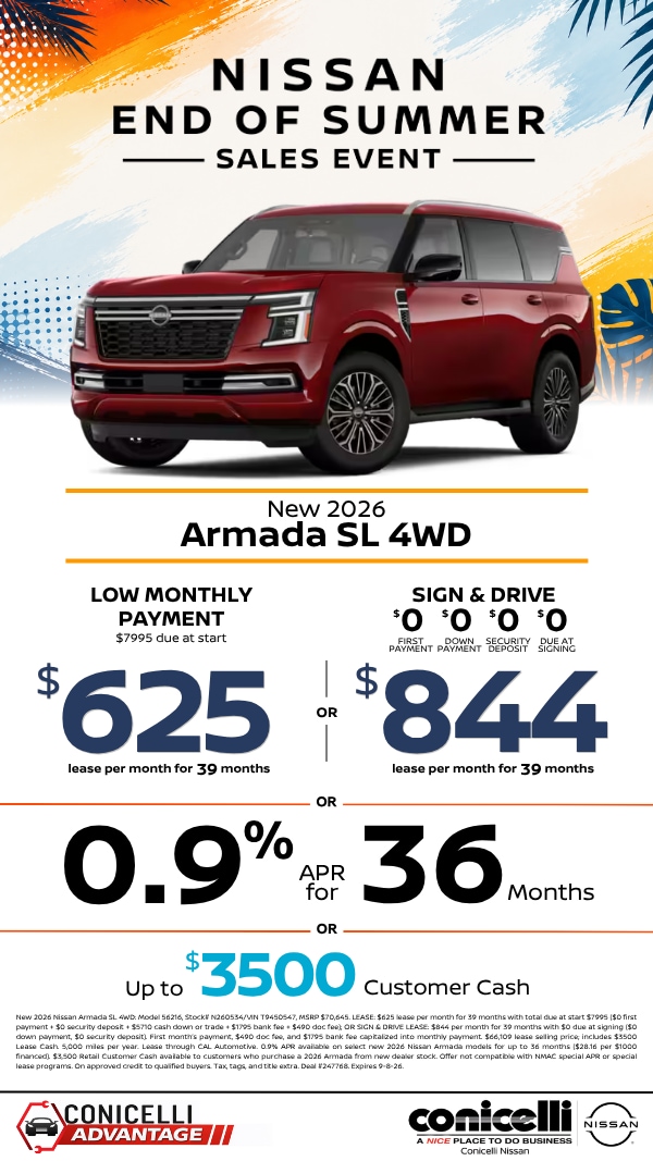 $625/mo. (OR $844/mo. with $0 due at signing) leases a New 2026 Armada SL 4x4! Claim This Special...