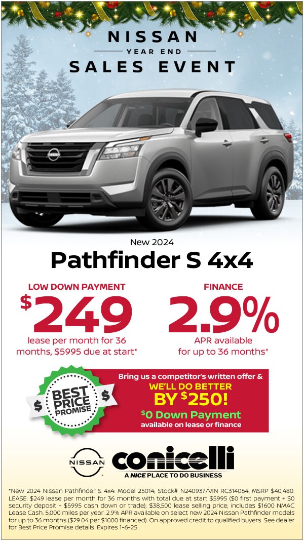 $249/mo. leases a New 2024 Pathfinder SV 4x4 or finance for 2.9% APR!