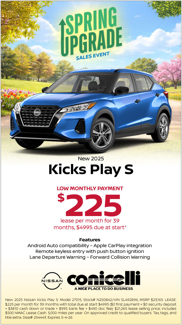 $225/mo. leases a New 2025 Kicks Play S at Conicelli Nissan! Claim this Special...
