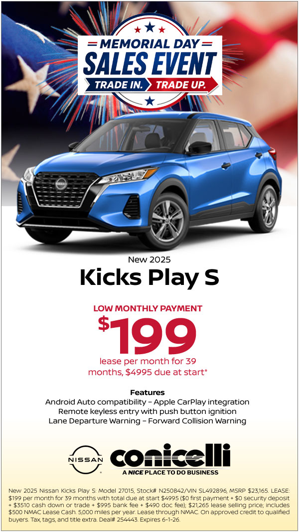 $199/mo. leases a New 2025 Kicks Play S at Conicelli Nissan! Claim this Special...
