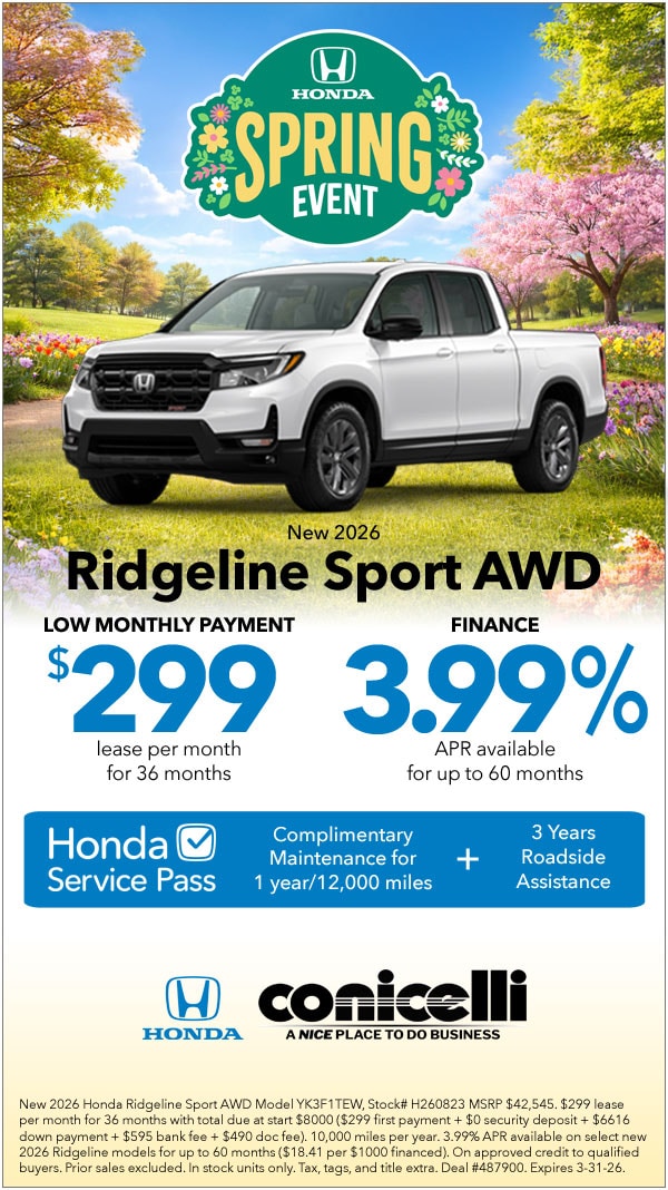 $299/mo. leases a New 2026 Ridgeline Sport AWD! Claim this Special...
