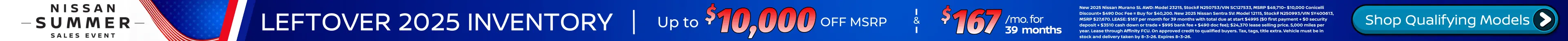 Conicelli Nissan sales banner featuring Up to $10,000 OFF MSRP and leases starting at $167/mo. on remaining new 2025 Nissan models.
