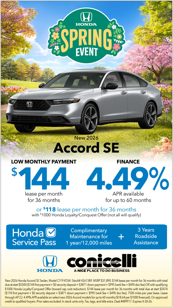 $144/mo. leases a New 2026 Accord SE at Conicelli Honda! Claim this Special...