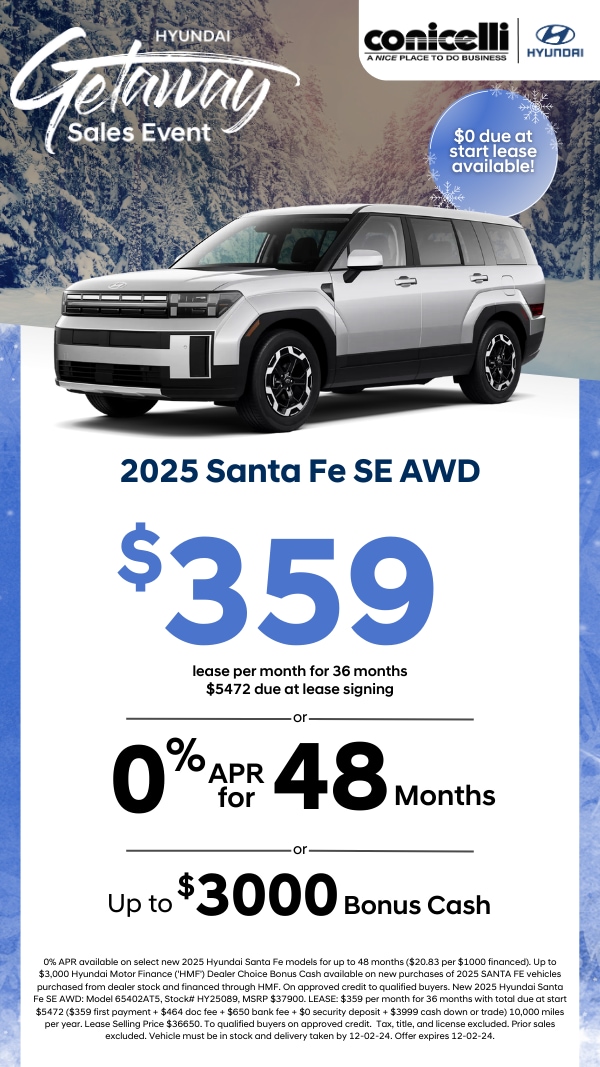 Lease a new 2025 Santa Fe SE AWD for only $359 per month! Claim this Special...