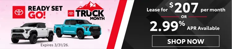 Conicelli Toyota Truck Month Ready Set Go sales banner featuring Toyota trucks with lease offer of $207 per month or 2.99% APR financing, valid through March 31 2026.
