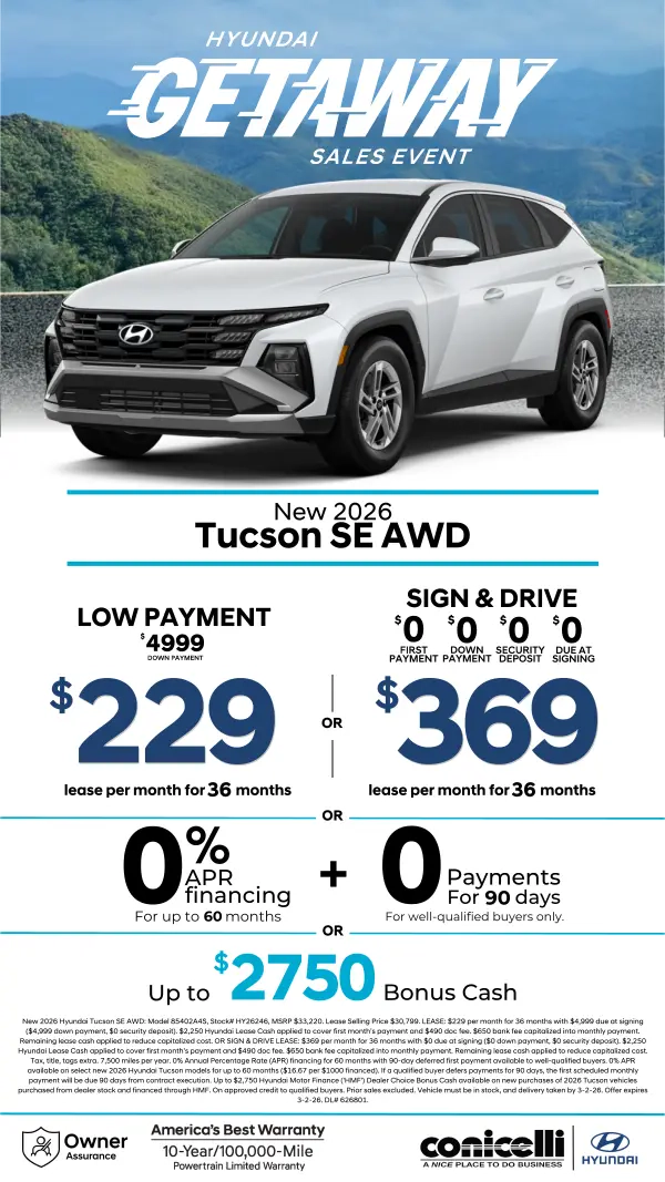 Lease a new 2026 Tucson SE AWD for just $229/mo or Sign & Drive for just $369/mo. Claim this Special...