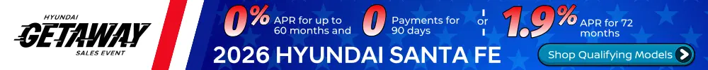 Conicelli Hyundai sales banner featuring 0% APR available on new 2026 Hyundai Santa Fe models plus 0 Payments for 90 Days for well qualified buyers.
