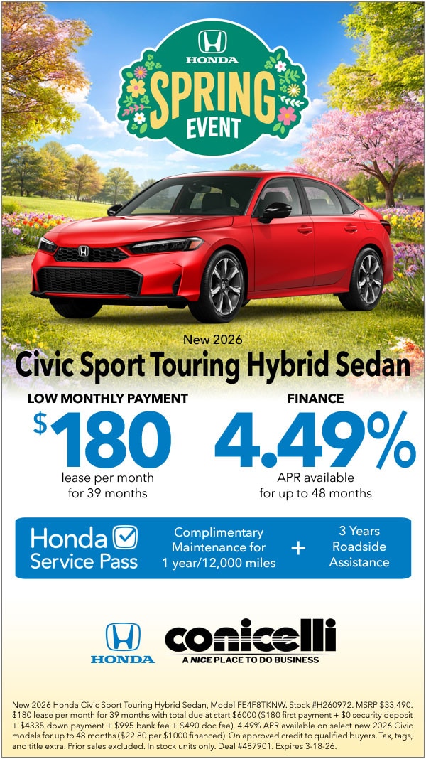 $180/mo. leases a New 2026 Civic Sport Touring Hybrid Sedan at Conicelli Honda! Claim this Special...
