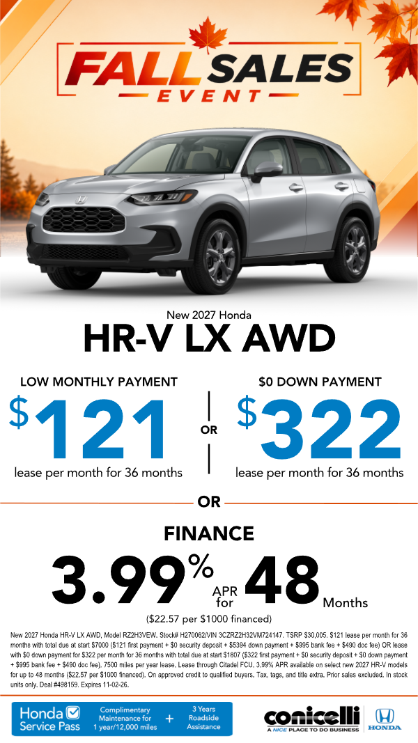 $121/mo. leases a New 2027 HR-V LX AWD! or $322/mo. with $0 down. Claim this Special...