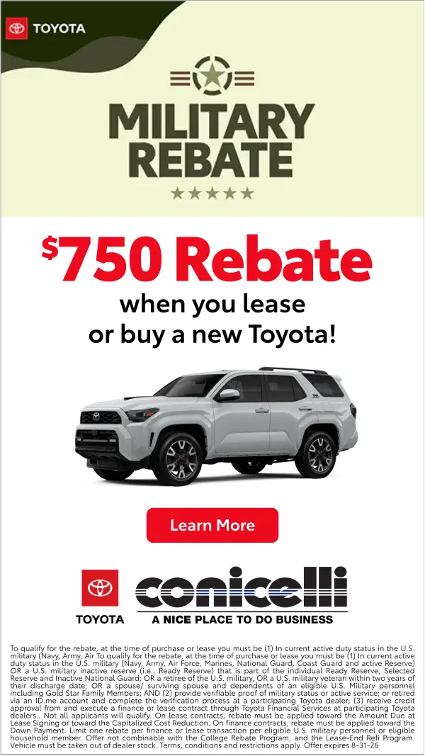 Military members get a $500 rebate when you lease or buy a new Toyota! Click to learn more...