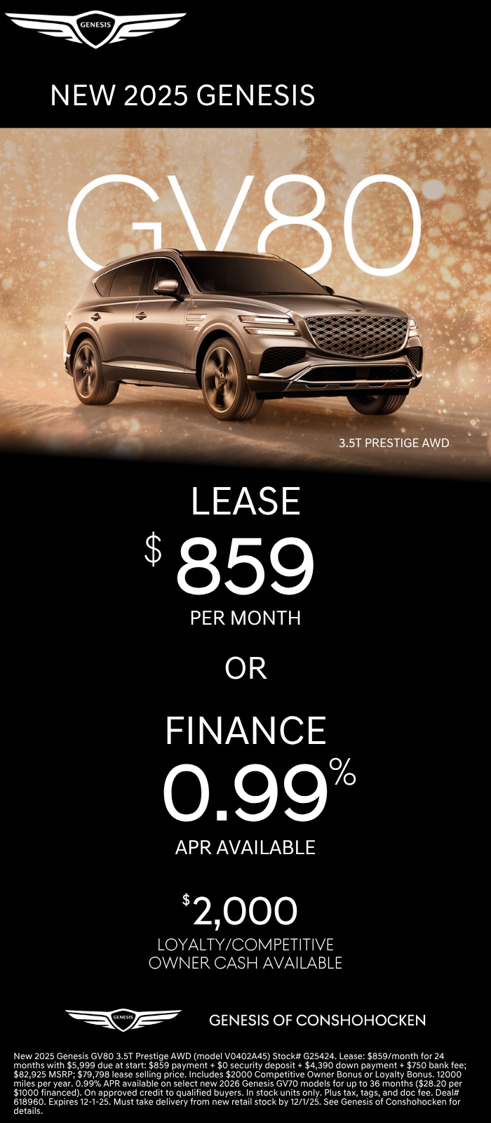 $859/mo. leases a New 2025 Genesis GV80! View Specials...