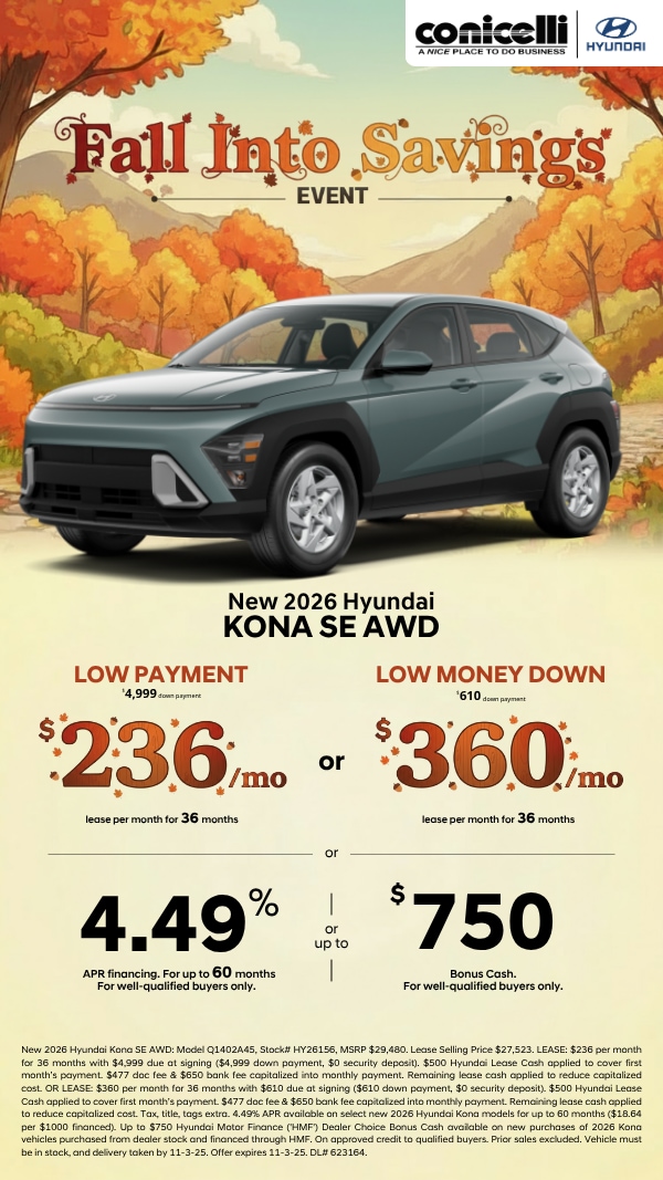 Lease a new 2026 Kona SE AWD for just $236/mo. or lease for $360/mo. with low money down Claim this Special...