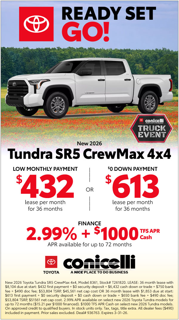 $432/mo. leases a New 2026 Tundra SR5 CrewMax 4x4! View Specials...