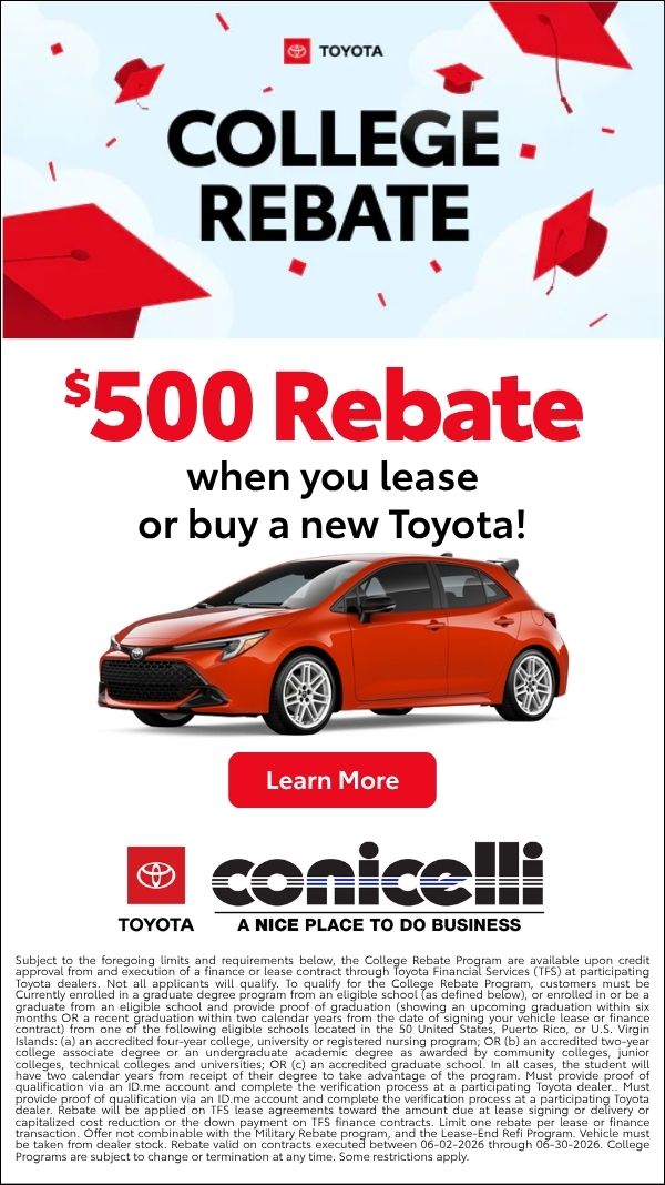 Recent college grads get a $500 rebate when you lease or buy a new Toyota! Click to learn more...